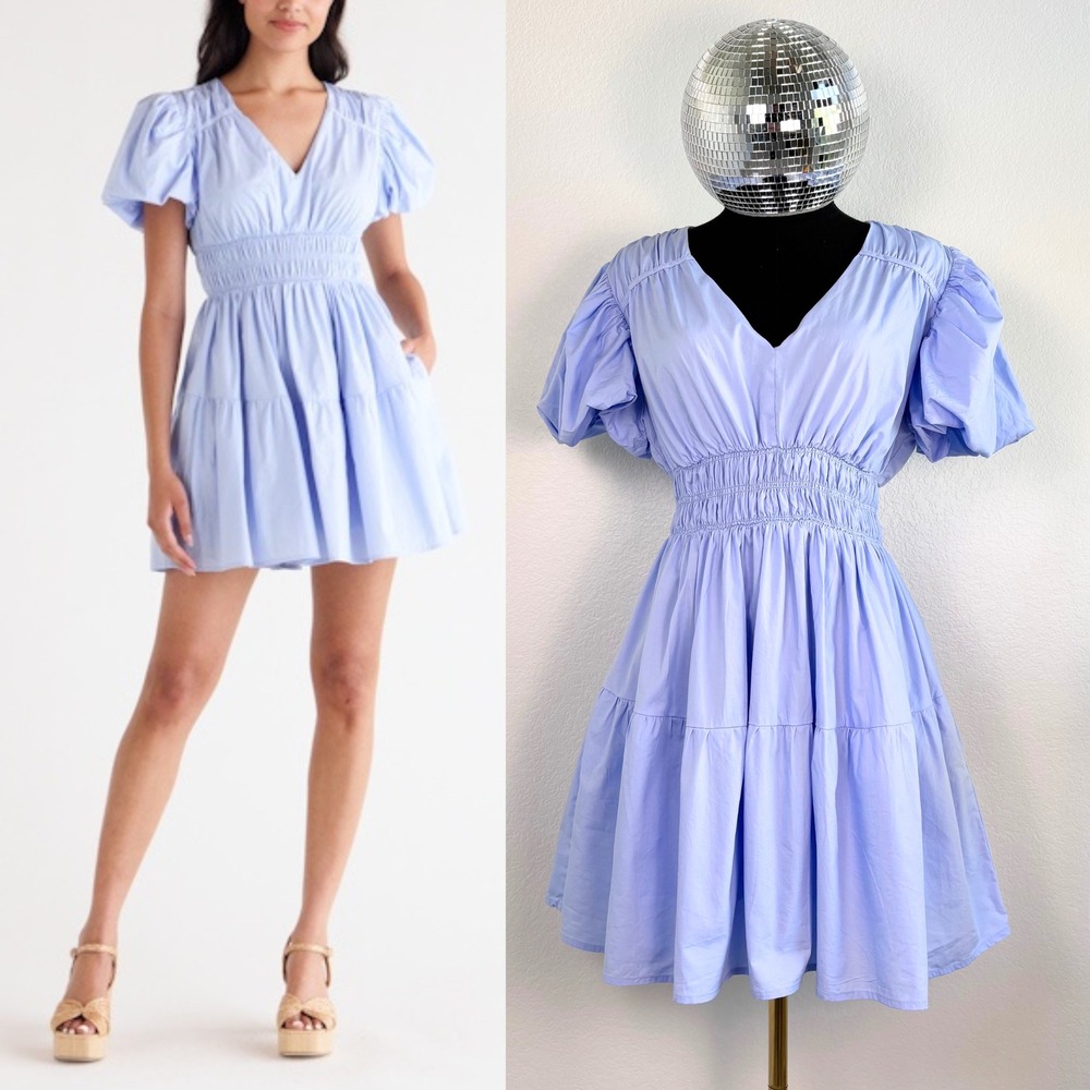 Moon River Smocked Puff Sleeve Tiered Minidress, Light Blue, Size Large‎